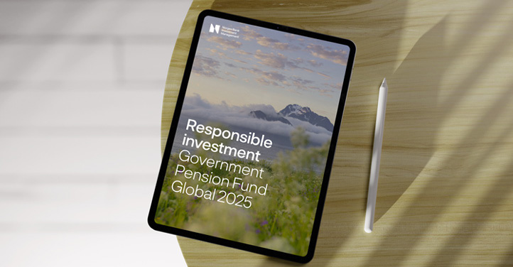 Tablet displaying the Responsible investment report 2025 for the Government Pension Fund Global.