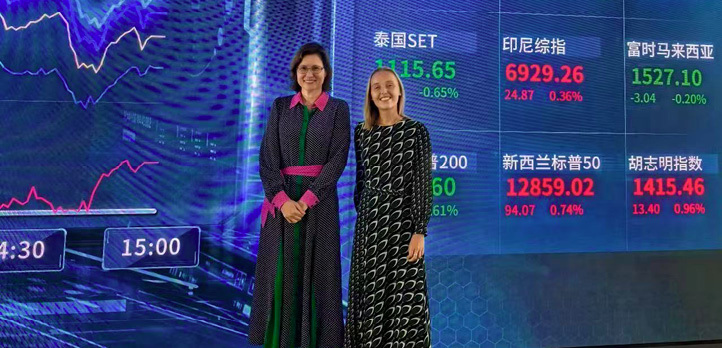 Two representatives standing in front of a large digital display at the Shanghai Stock Exchange.