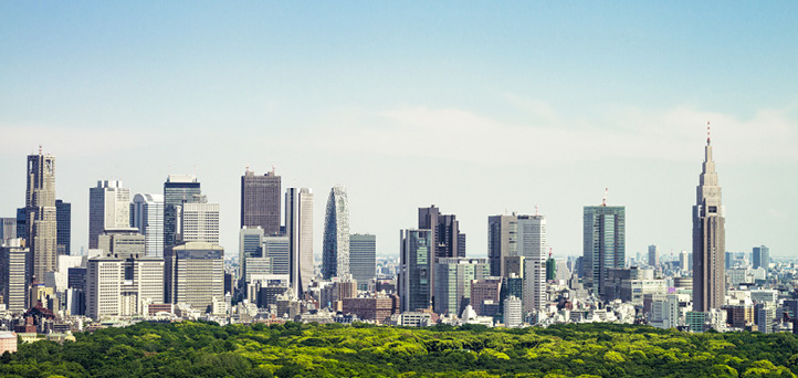 City skyline with high-rise buildings rising above a large green park.