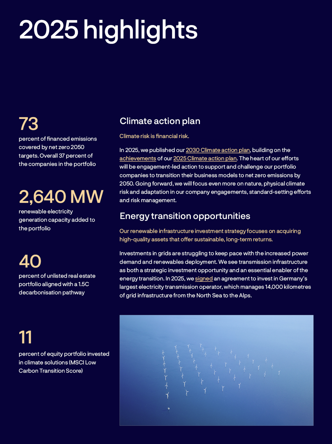 A blue and white page with a graphic of a windmill and the text "2025 Highlights" at the top. The page is discussing energy and climate action.

AI generated content