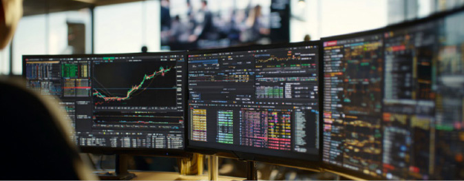 Person som arbeider ved flere dataskjermer med finansmarkedsdata og grafer.